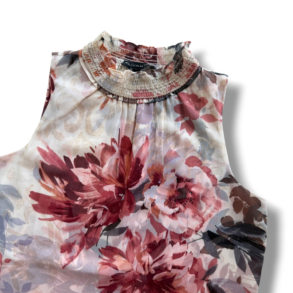 White House Black Market Sm. Pink Burgundy Floral Smocked Neck Sleeveless Blouse